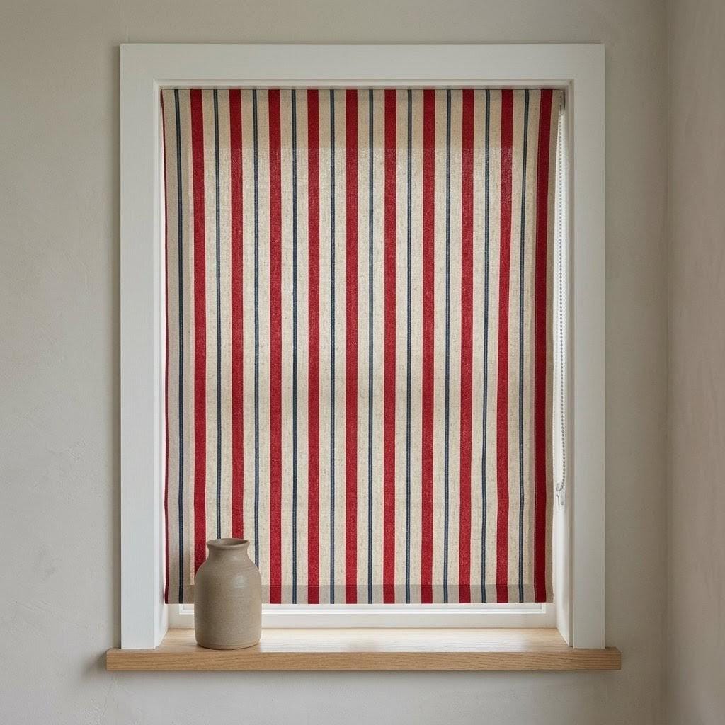 Farmhouse Stripe Roman Shade: Red & Blue Linen, Custom Fit — image 5