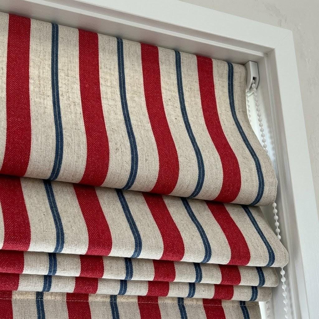 Farmhouse Stripe Roman Shade: Red & Blue Linen, Custom Fit — image 8