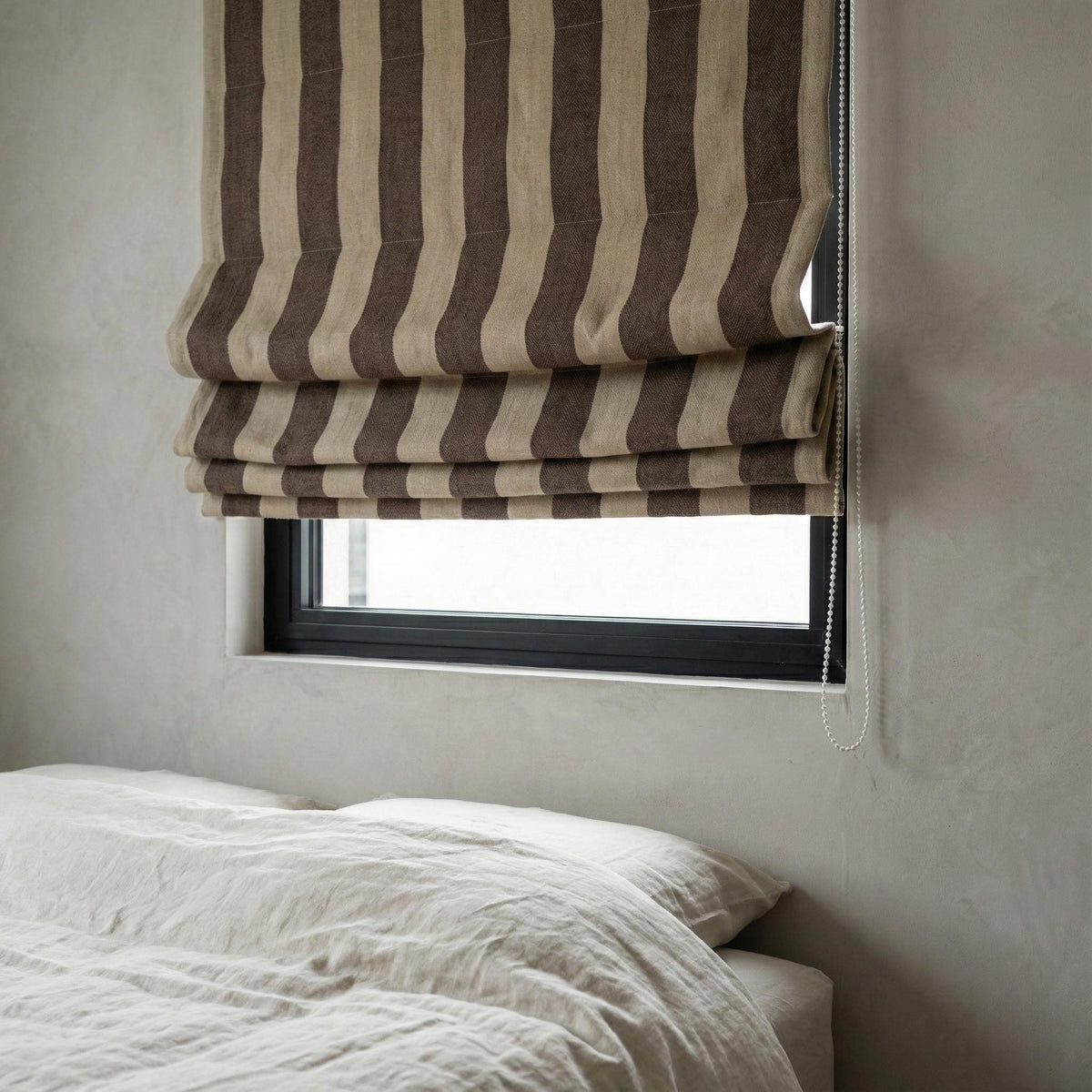 Striped Linen Roman Shade, Brown Beige Cabana Stripe, Custom Corded Blind — image 1