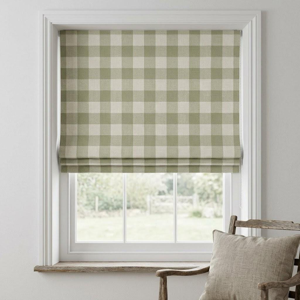 Sage Green Gingham Linen Roman Shade, Custom Farmhouse Window Blind — image 1