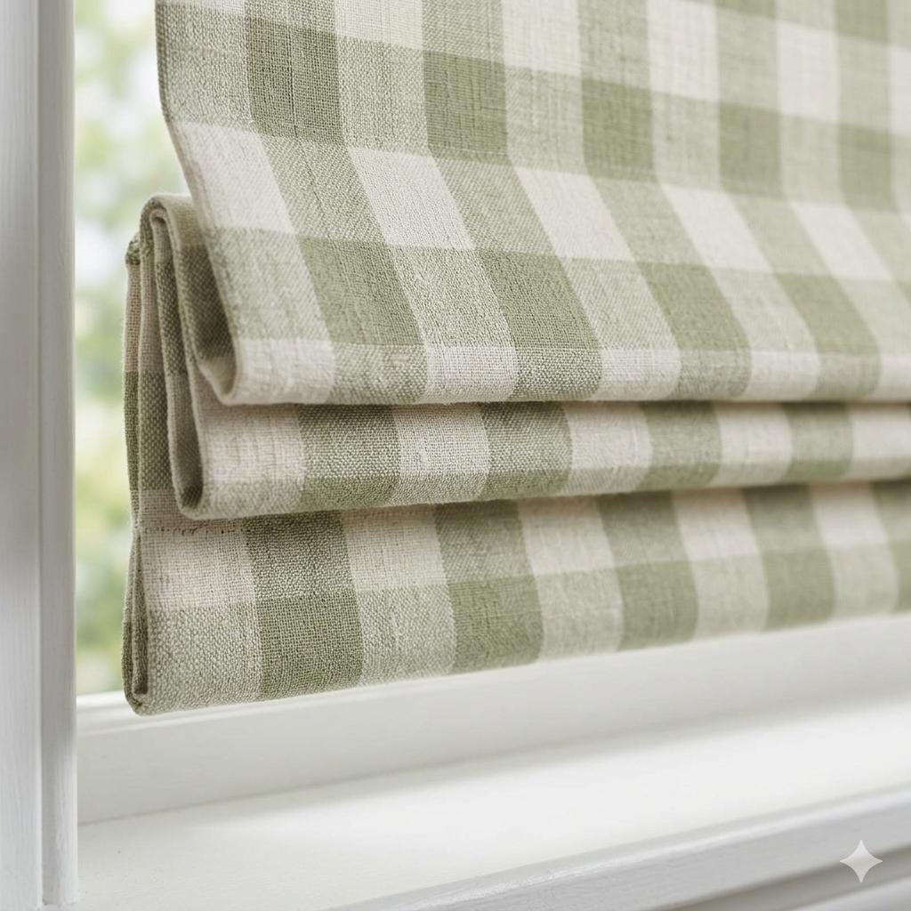Sage Green Gingham Linen Roman Shade, Custom Farmhouse Window Blind — image 1