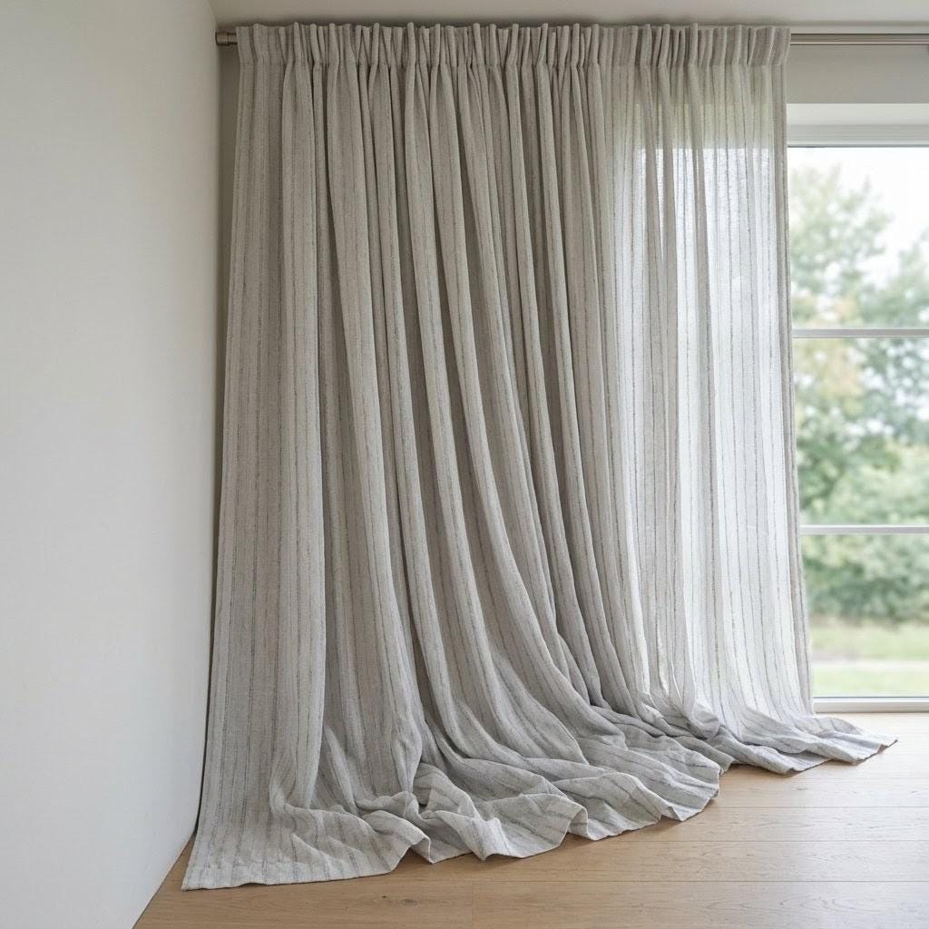Light Grey Linen Sheer Curtains, Tonal Embroidered Stripe Drapes, Custom Privacy Panels, Neutral Window Curtains — image 1