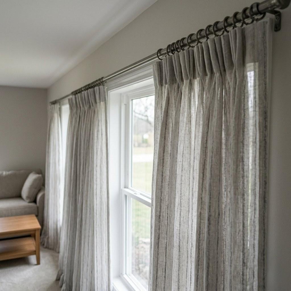 Light Grey Linen Sheer Curtains, Tonal Embroidered Stripe Drapes, Custom Privacy Panels, Neutral Window Curtains — image 8