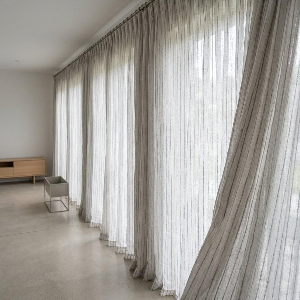 Light Grey Linen Sheer Curtains, Tonal Embroidered Stripe Drapes, Custom Privacy Panels, Neutral Window Curtains — image 3