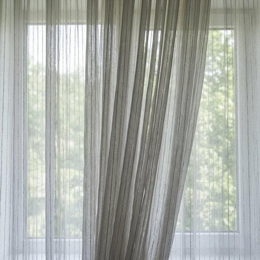Light Grey Linen Sheer Curtains, Tonal Embroidered Stripe Drapes, Custom Privacy Panels, Neutral Window Curtains — image 9