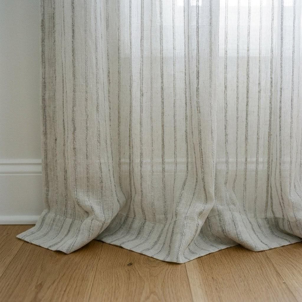 Light Grey Linen Sheer Curtains, Tonal Embroidered Stripe Drapes, Custom Privacy Panels, Neutral Window Curtains — image 1