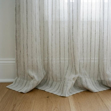 Light Grey Linen Sheer Curtains, Tonal Embroidered Stripe Drapes, Custom Privacy Panels, Neutral Window Curtains — image 1