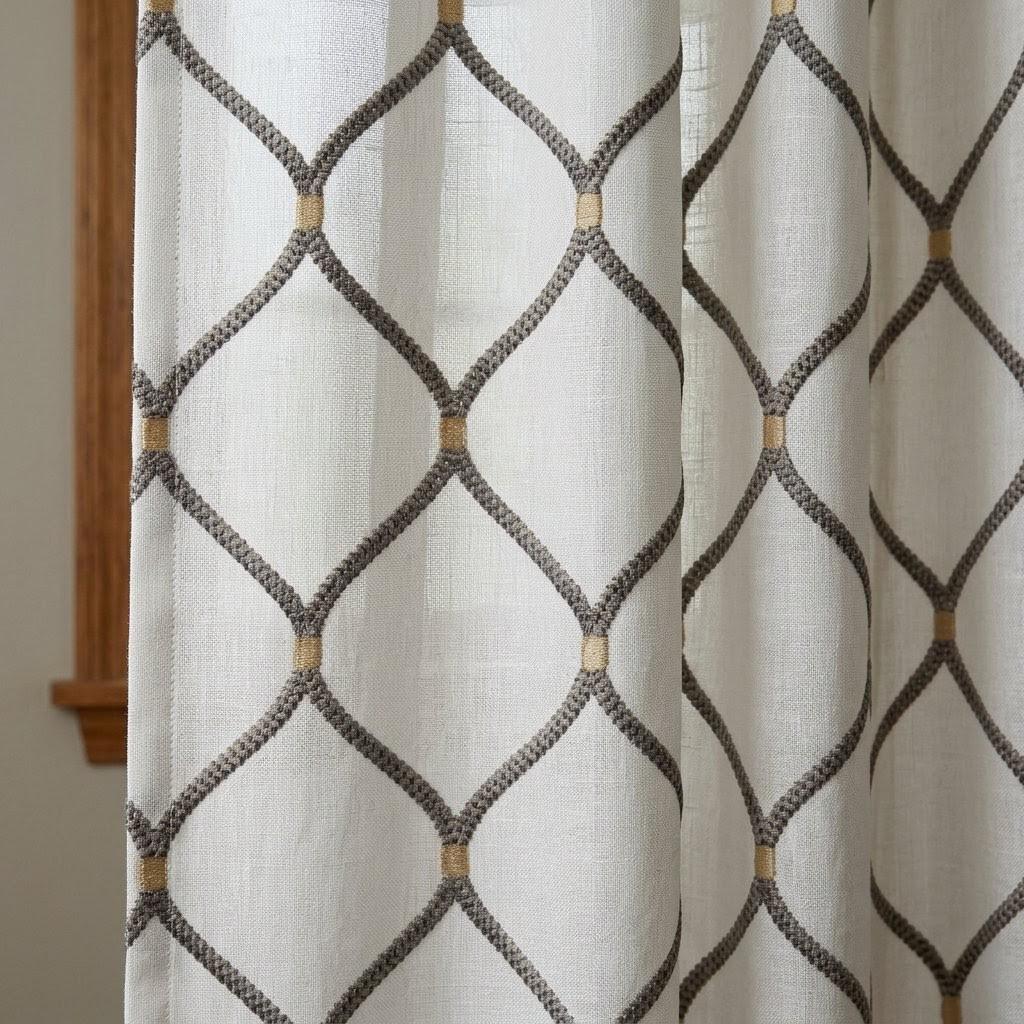 Ivory Linen Sheer Curtains, Brown Embroidered Trellis, Neutral Window Panels, Custom Drapes — image 1