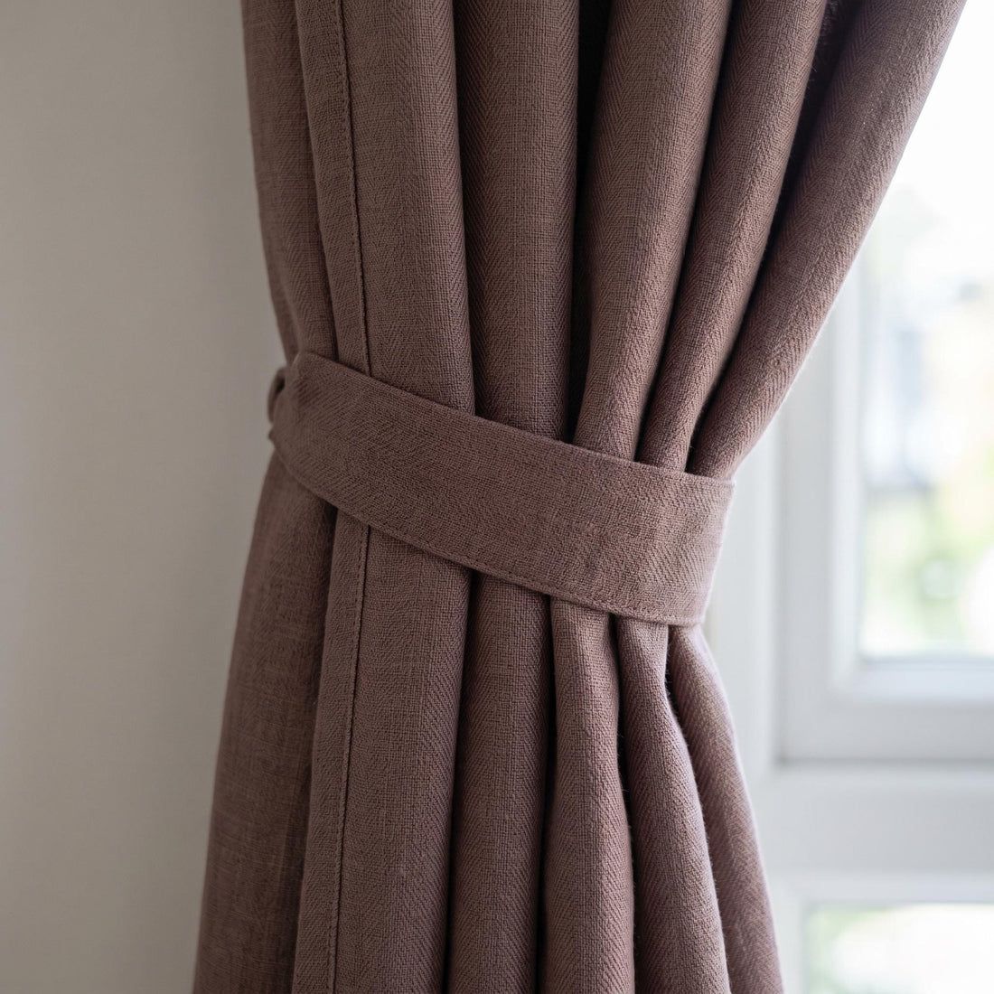 Dusty Mauve Pure Linen Herringbone Curtains, Custom Blackout Drapes, Cotton Lined Privacy Panels, Single or Pair — image 1