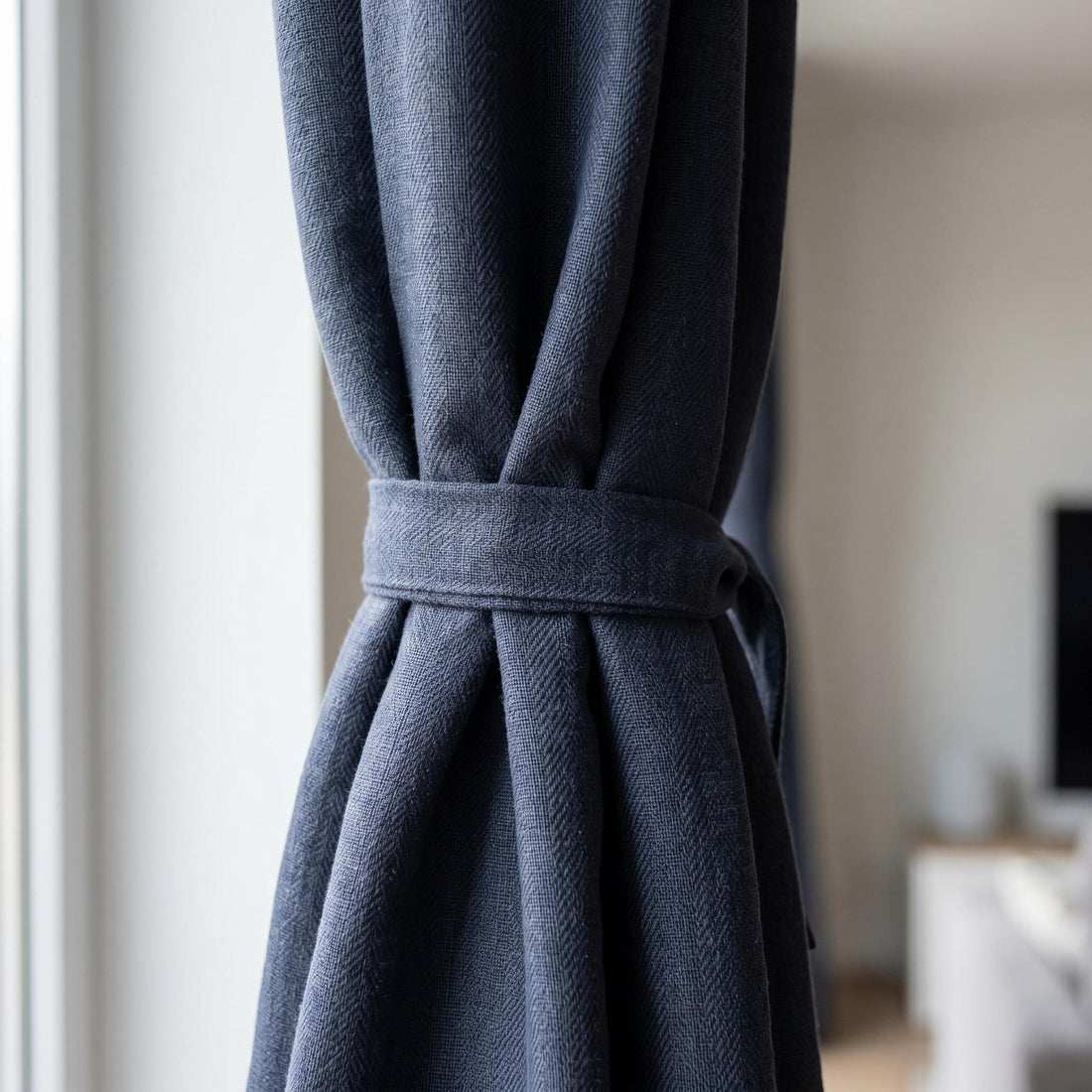 Dark Navy Blue Herringbone Pure Linen Curtains, Custom Blackout or Cotton Lined Drapes, Rod Pocket, Back Tab, Hooks, Grommet — image 1