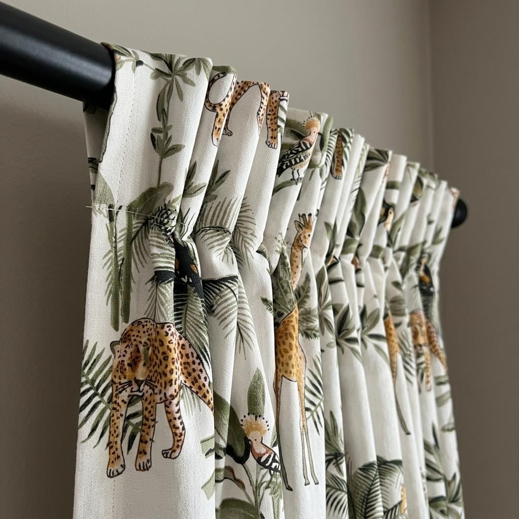 Organic Cotton Hand Block Print Safari Jungle Curtains, Ivory Green Leopard Giraffe Drapes — image 4