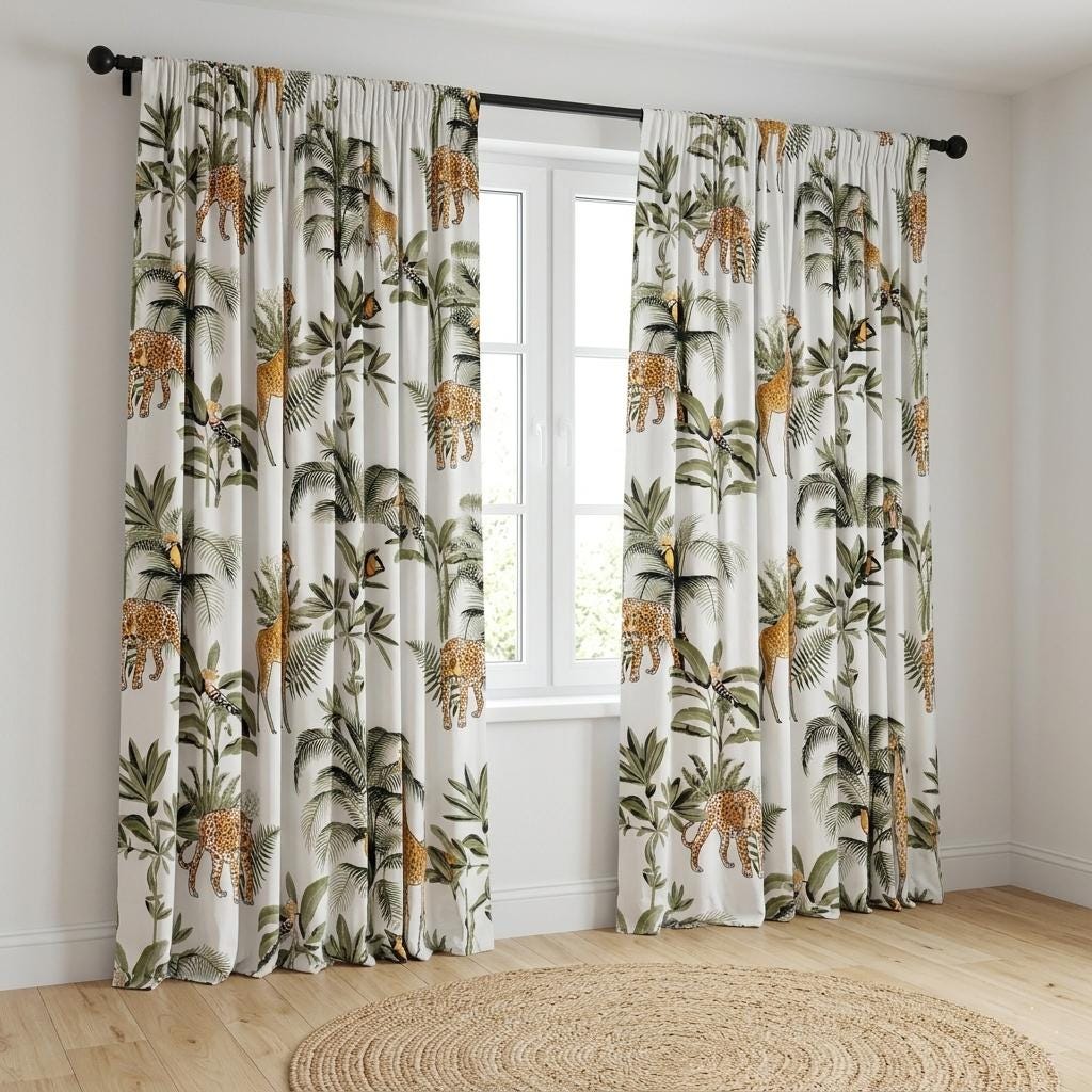 Organic Cotton Hand Block Print Safari Jungle Curtains, Ivory Green Leopard Giraffe Drapes — image 9