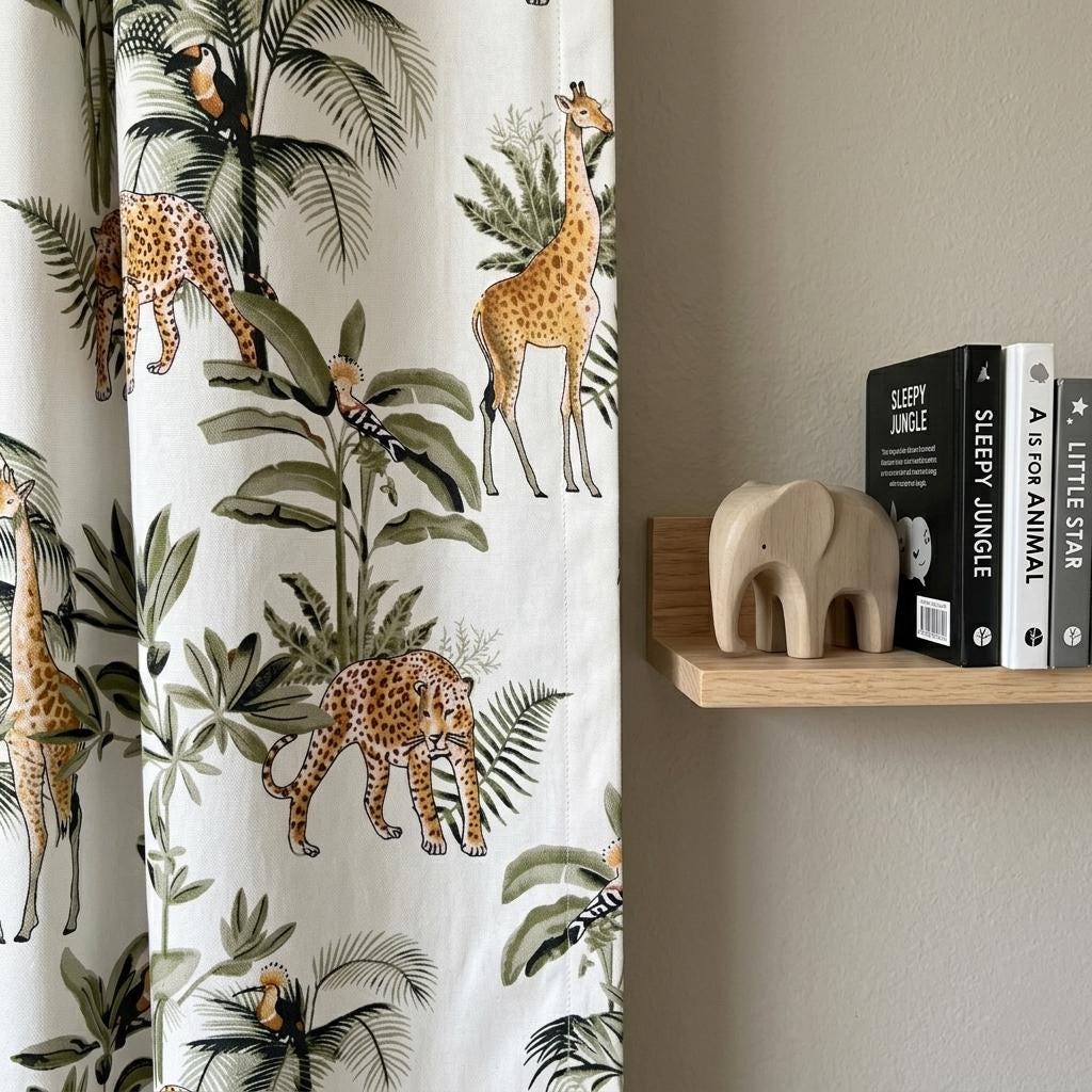 Organic Cotton Hand Block Print Safari Jungle Curtains, Ivory Green Leopard Giraffe Drapes — image 2
