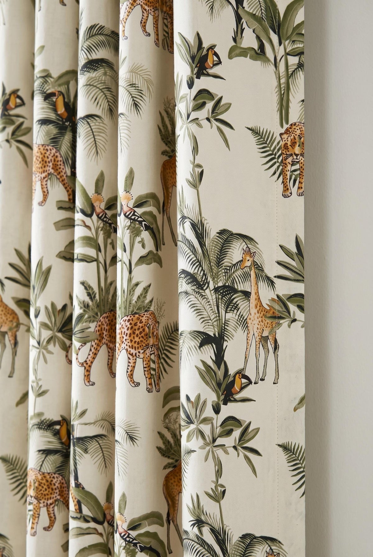 Organic Cotton Hand Block Print Safari Jungle Curtains, Ivory Green Leopard Giraffe Drapes — image 3