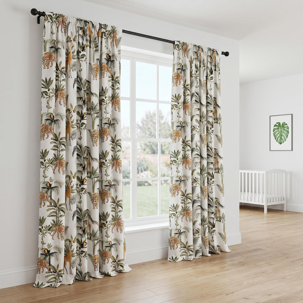 Organic Cotton Hand Block Print Safari Jungle Curtains, Ivory Green Leopard Giraffe Drapes — image 7