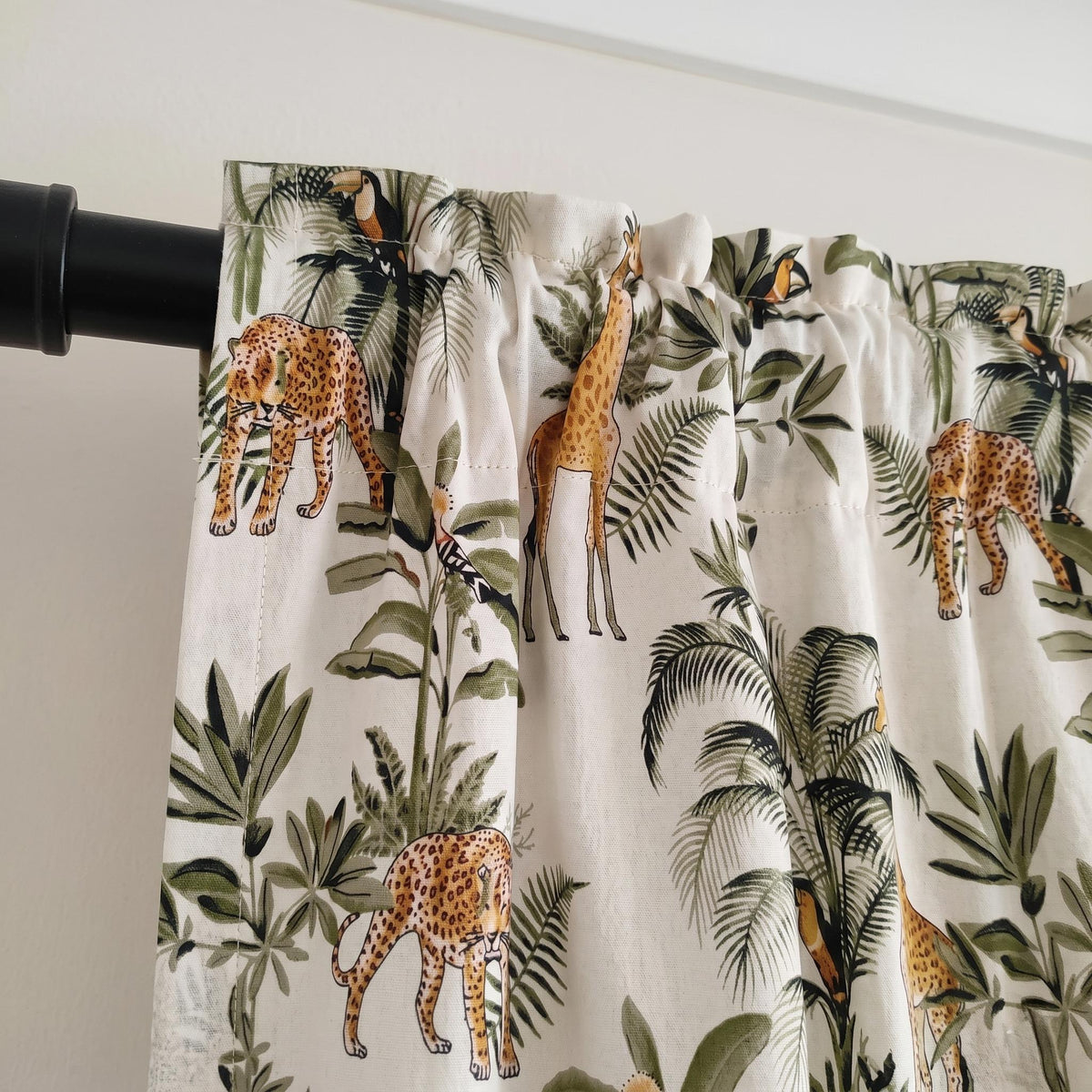 Organic Cotton Hand Block Print Safari Jungle Curtains, Ivory Green Leopard Giraffe Drapes — image 5