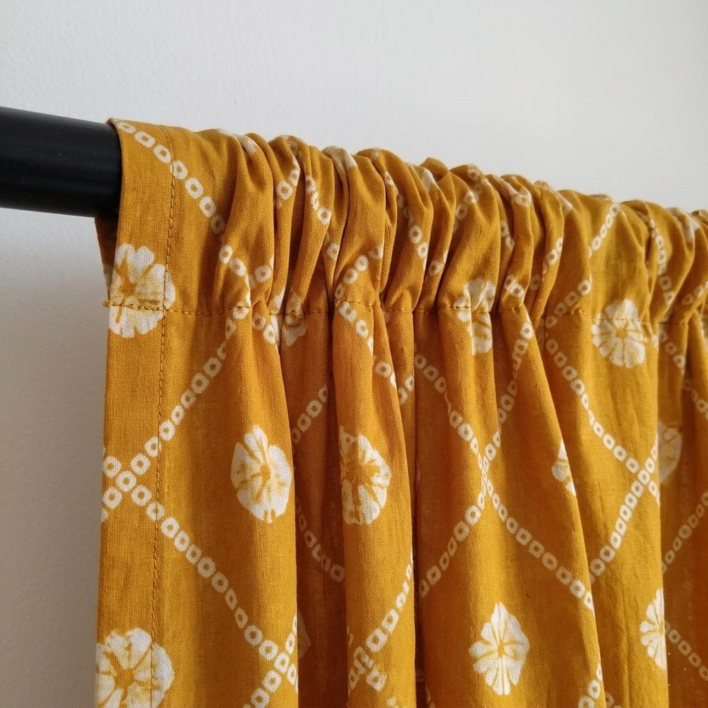 Mustard Yellow Organic Cotton Block Print Curtains, Indian Floral Lattice Window Panels — image 5