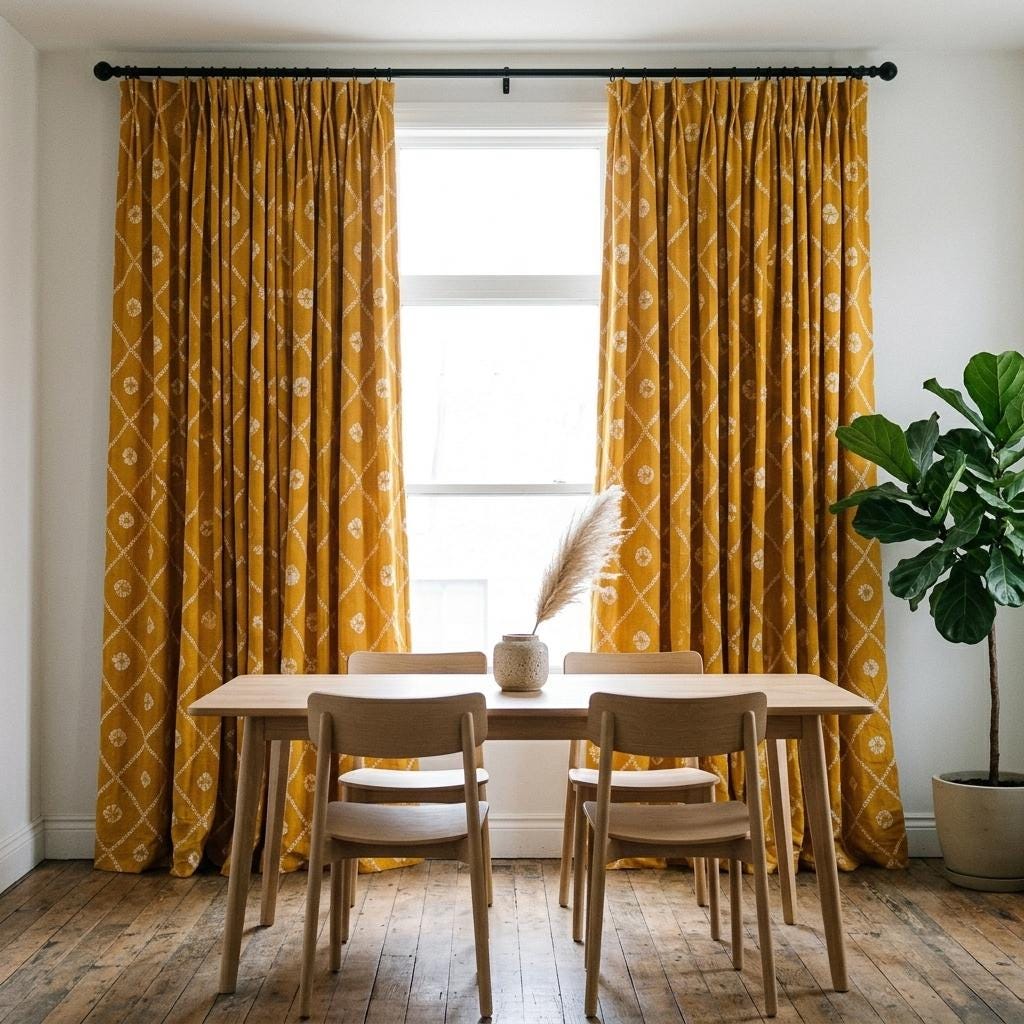 Mustard Yellow Organic Cotton Block Print Curtains, Indian Floral Lattice Window Panels — image 6