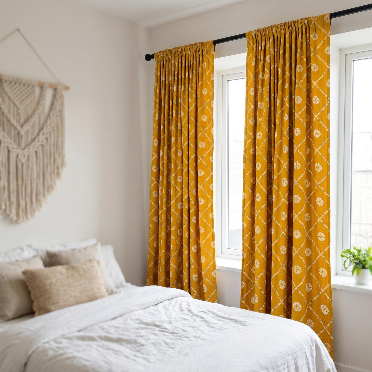 Mustard Yellow Organic Cotton Block Print Curtains, Indian Floral Lattice Window Panels — image 4