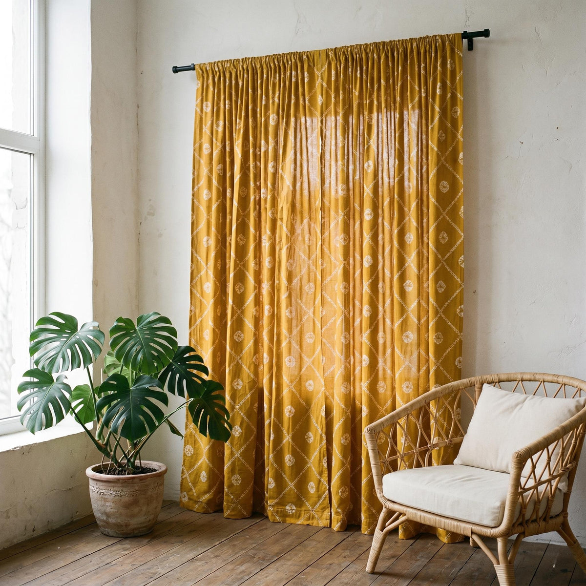 Mustard Yellow Organic Cotton Block Print Curtains, Indian Floral Lattice Window Panels — image 2