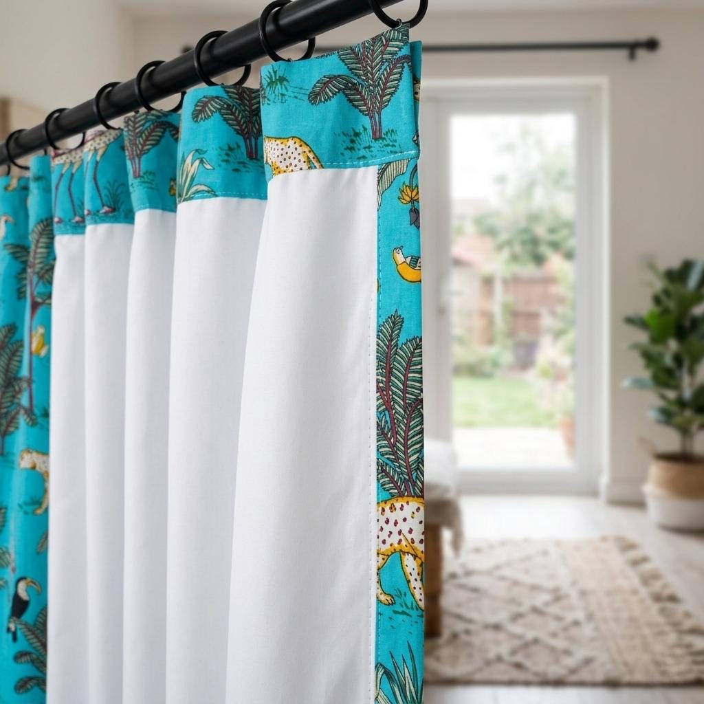 Organic Cotton Indian Block Print Safari Jungle Curtains, Turquoise Blue Animals — image 10