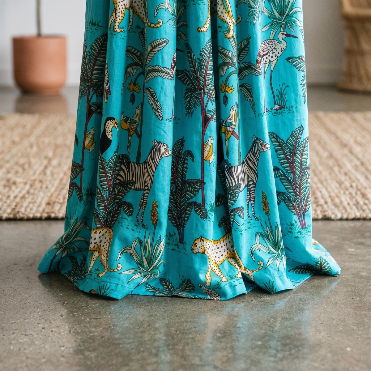 Organic Cotton Indian Block Print Safari Jungle Curtains, Turquoise Blue Animals — image 6