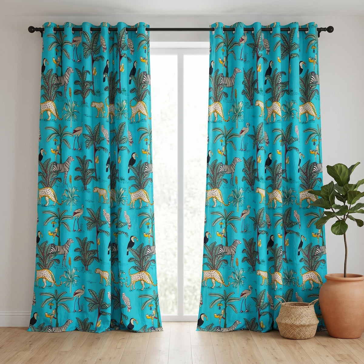 Organic Cotton Indian Block Print Safari Jungle Curtains, Turquoise Blue Animals — image 7