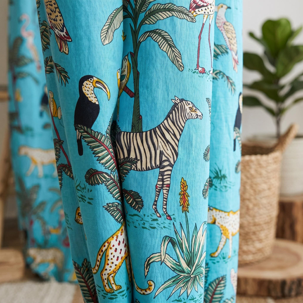 Organic Cotton Indian Block Print Safari Jungle Curtains, Turquoise Blue Animals — image 4