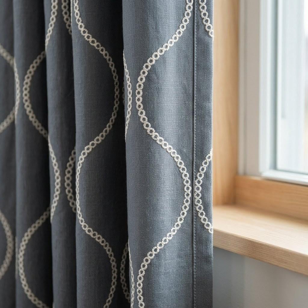Slate Blue Grey Linen Embroidered Curtains, Ivory Ogee Trellis Drapes — image 1