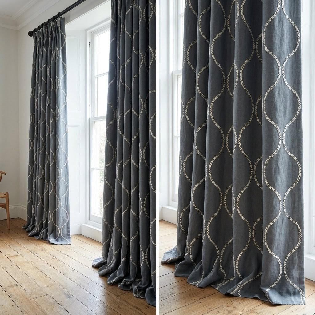 Slate Blue Grey Linen Embroidered Curtains, Ivory Ogee Trellis Drapes — image 1