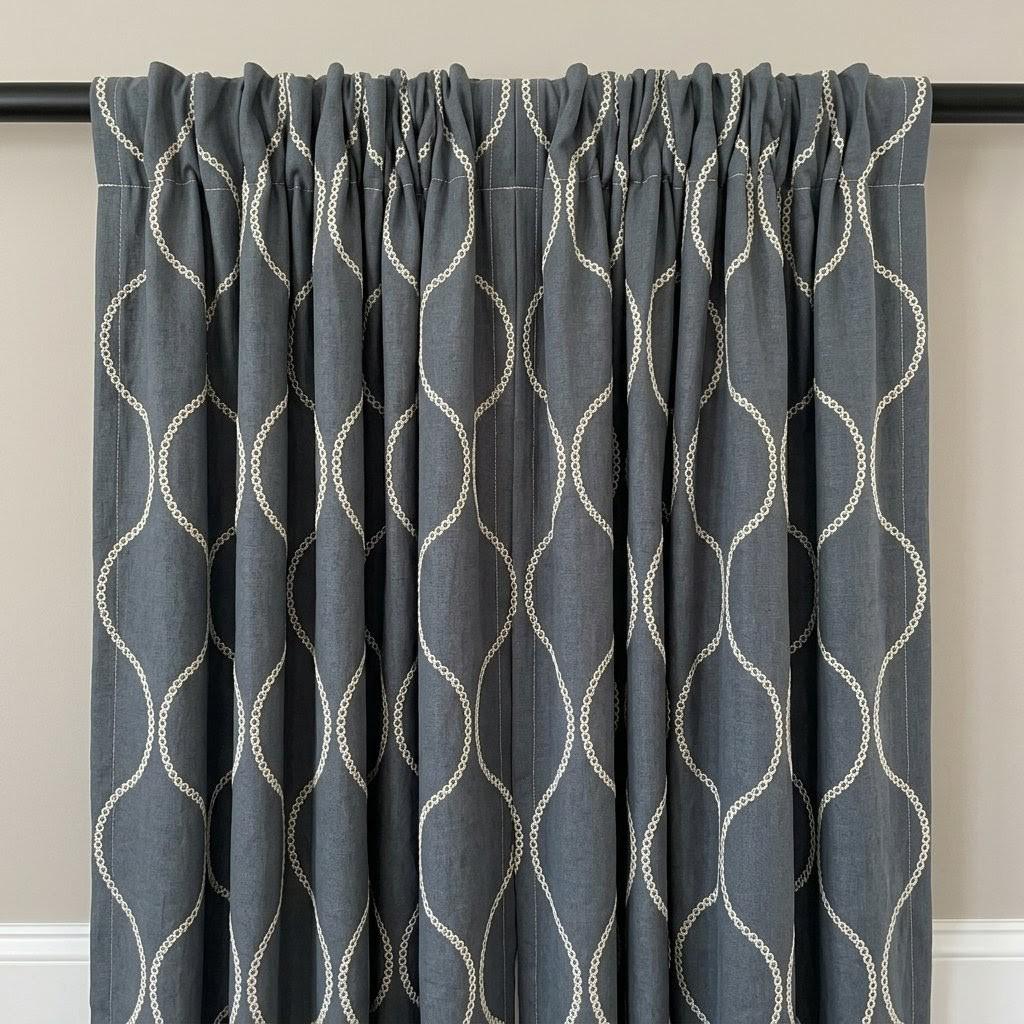 Slate Blue Grey Linen Embroidered Curtains, Ivory Ogee Trellis Drapes — image 6