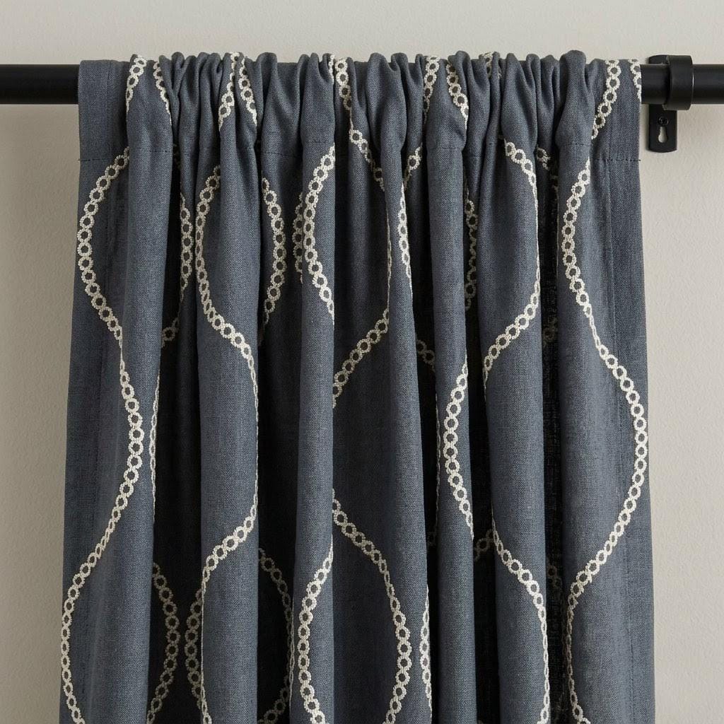 Slate Blue Grey Linen Embroidered Curtains, Ivory Ogee Trellis Drapes — image 8