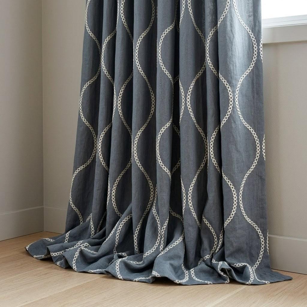 Slate Blue Grey Linen Embroidered Curtains, Ivory Ogee Trellis Drapes — image 3