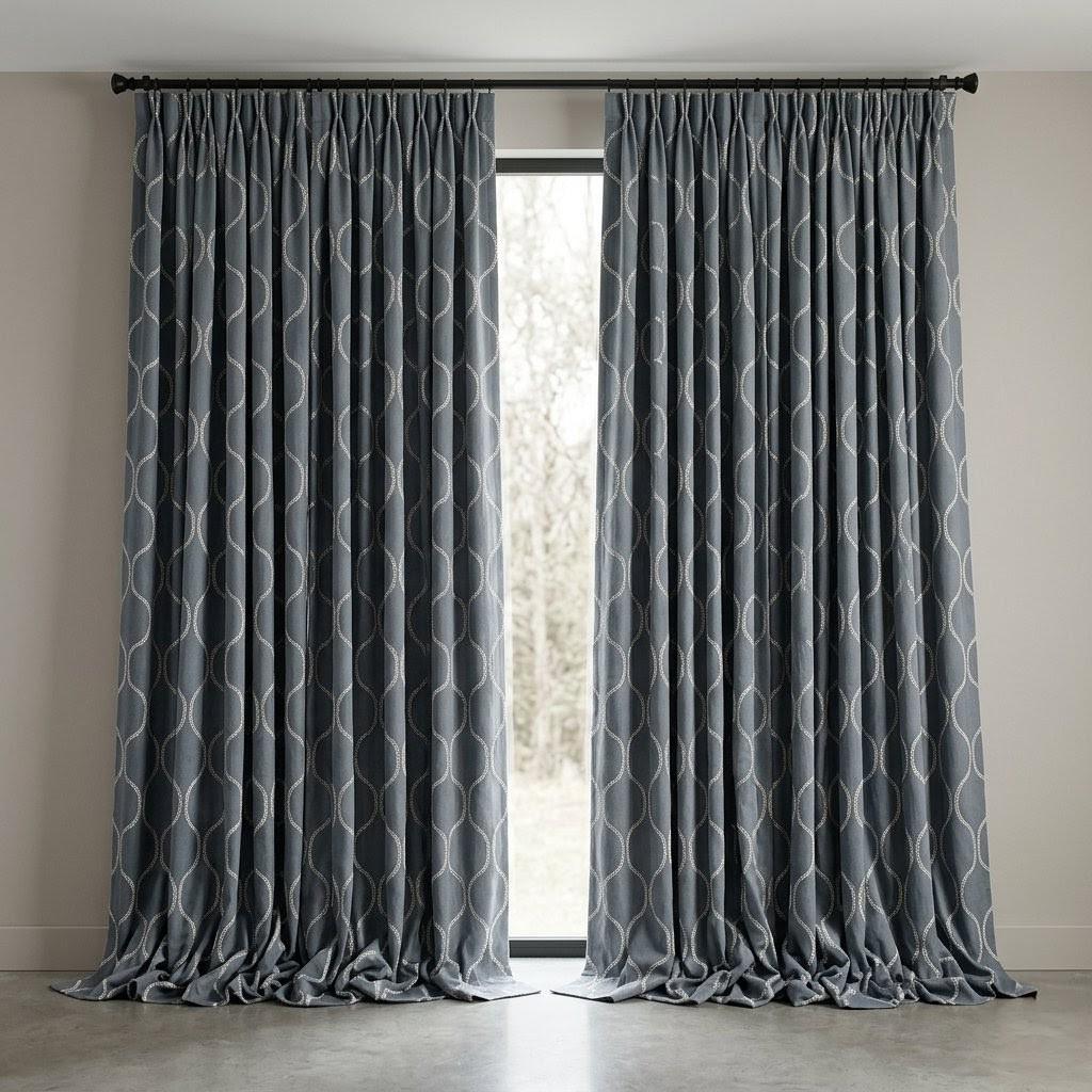 Slate Blue Grey Linen Embroidered Curtains, Ivory Ogee Trellis Drapes — image 4