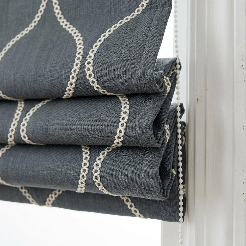 Custom Ash Grey Linen Roman Blind, Cream Ogee Trellis Embroidery, Light Filtering (Blackout Option) — image 8