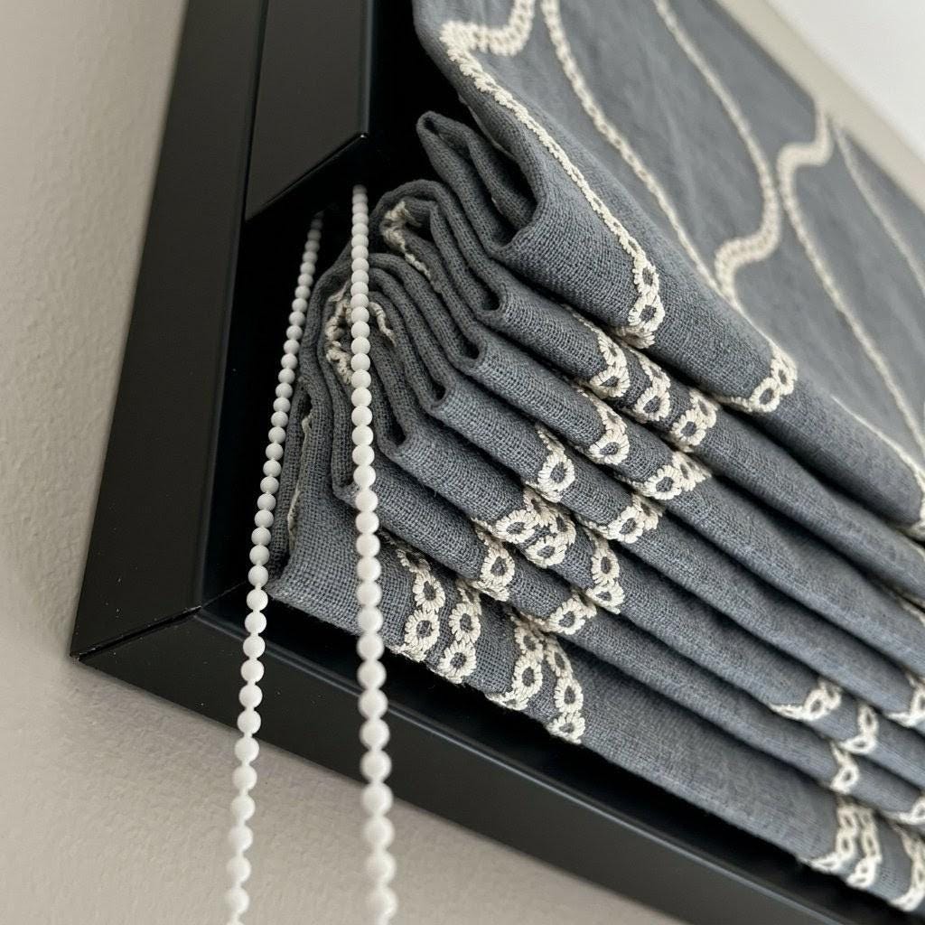 Custom Ash Grey Linen Roman Blind, Cream Ogee Trellis Embroidery, Light Filtering (Blackout Option) — image 6