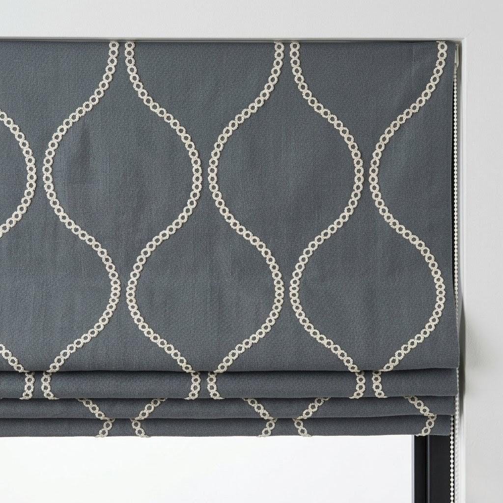 Custom Ash Grey Linen Roman Blind, Cream Ogee Trellis Embroidery, Light Filtering (Blackout Option) — image 2