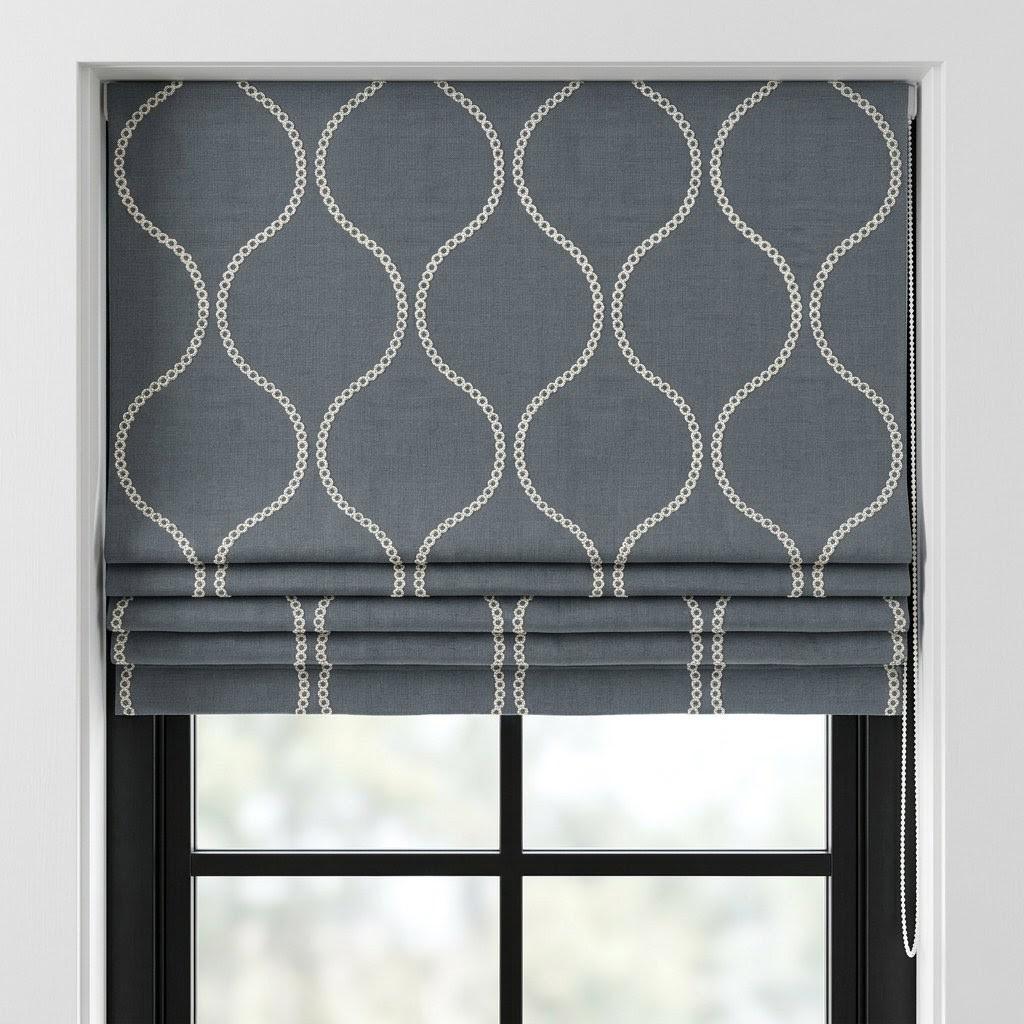 Custom Ash Grey Linen Roman Blind, Cream Ogee Trellis Embroidery, Light Filtering (Blackout Option) — image 5