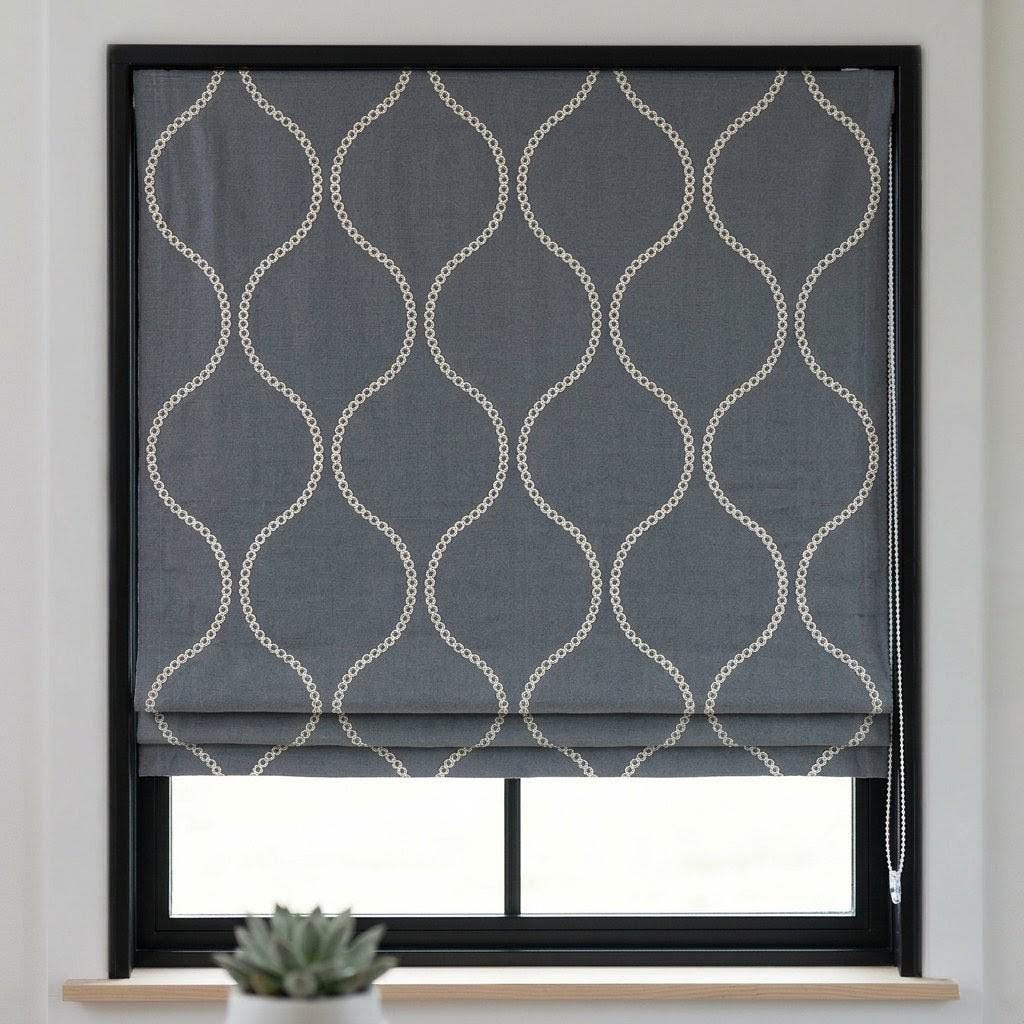 Custom Ash Grey Linen Roman Blind, Cream Ogee Trellis Embroidery, Light Filtering (Blackout Option) — image 1