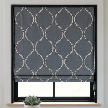 Custom Ash Grey Linen Roman Blind, Cream Ogee Trellis Embroidery, Light Filtering (Blackout Option) — image 1
