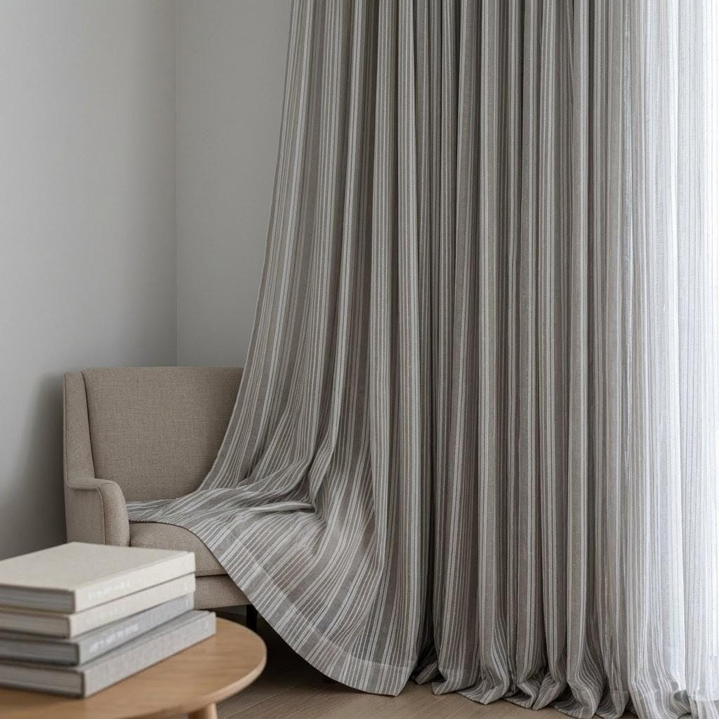 Light Grey Linen Sheer Curtains, White Embroidered Stripe Drapes, Custom Neutral Privacy Window Panels — image 1