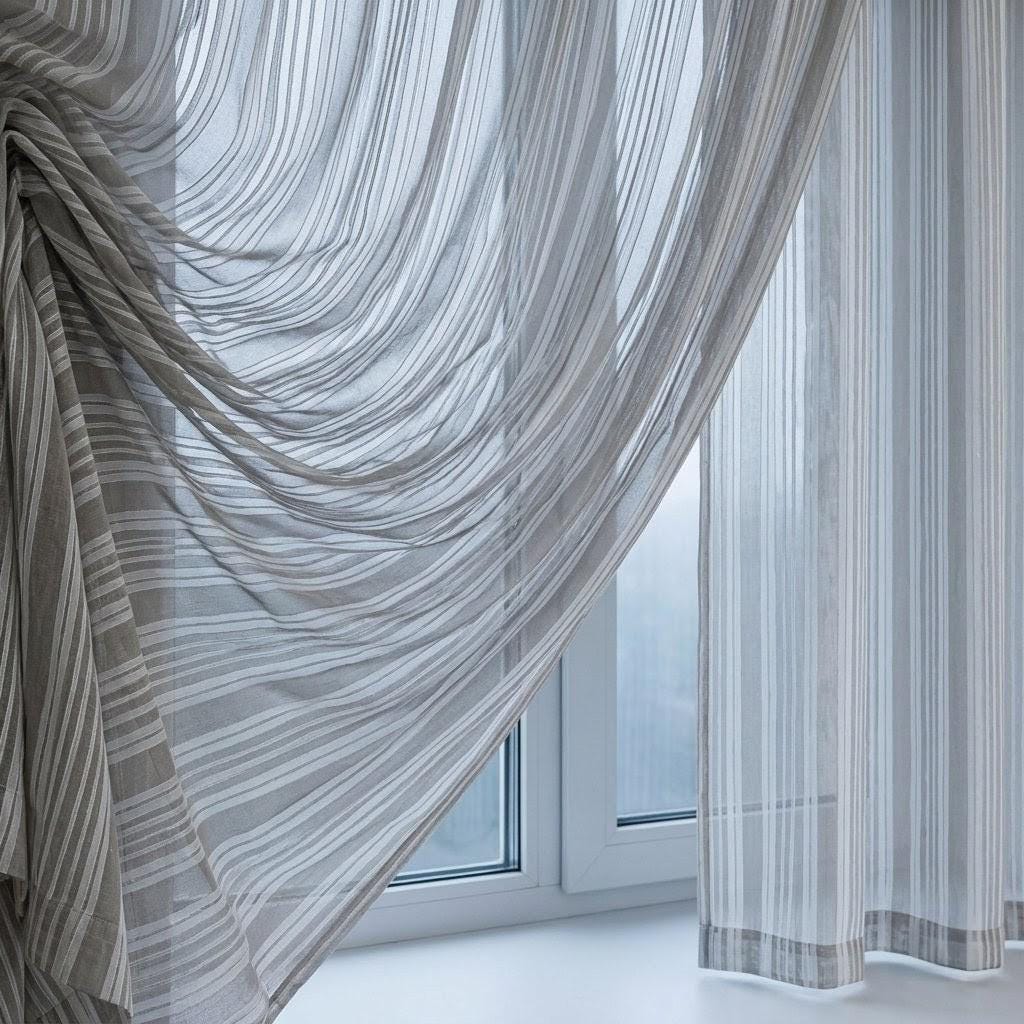 Light Grey Linen Sheer Curtains, White Embroidered Stripe Drapes, Custom Neutral Privacy Window Panels — image 5
