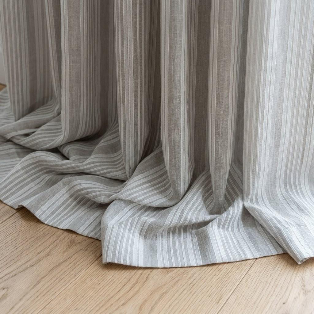 Light Grey Linen Sheer Curtains, White Embroidered Stripe Drapes, Custom Neutral Privacy Window Panels — image 6