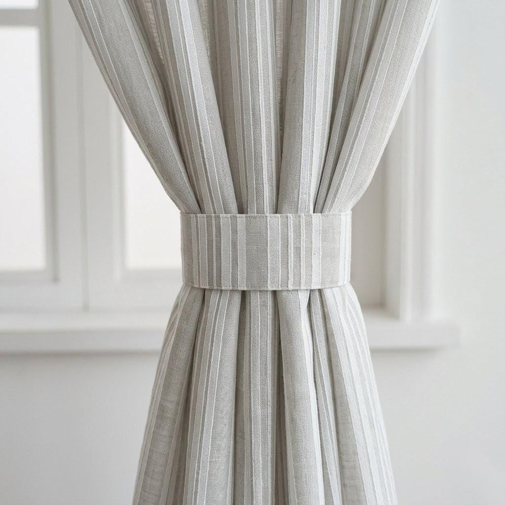 Light Grey Linen Sheer Curtains, White Embroidered Stripe Drapes, Custom Neutral Privacy Window Panels — image 3