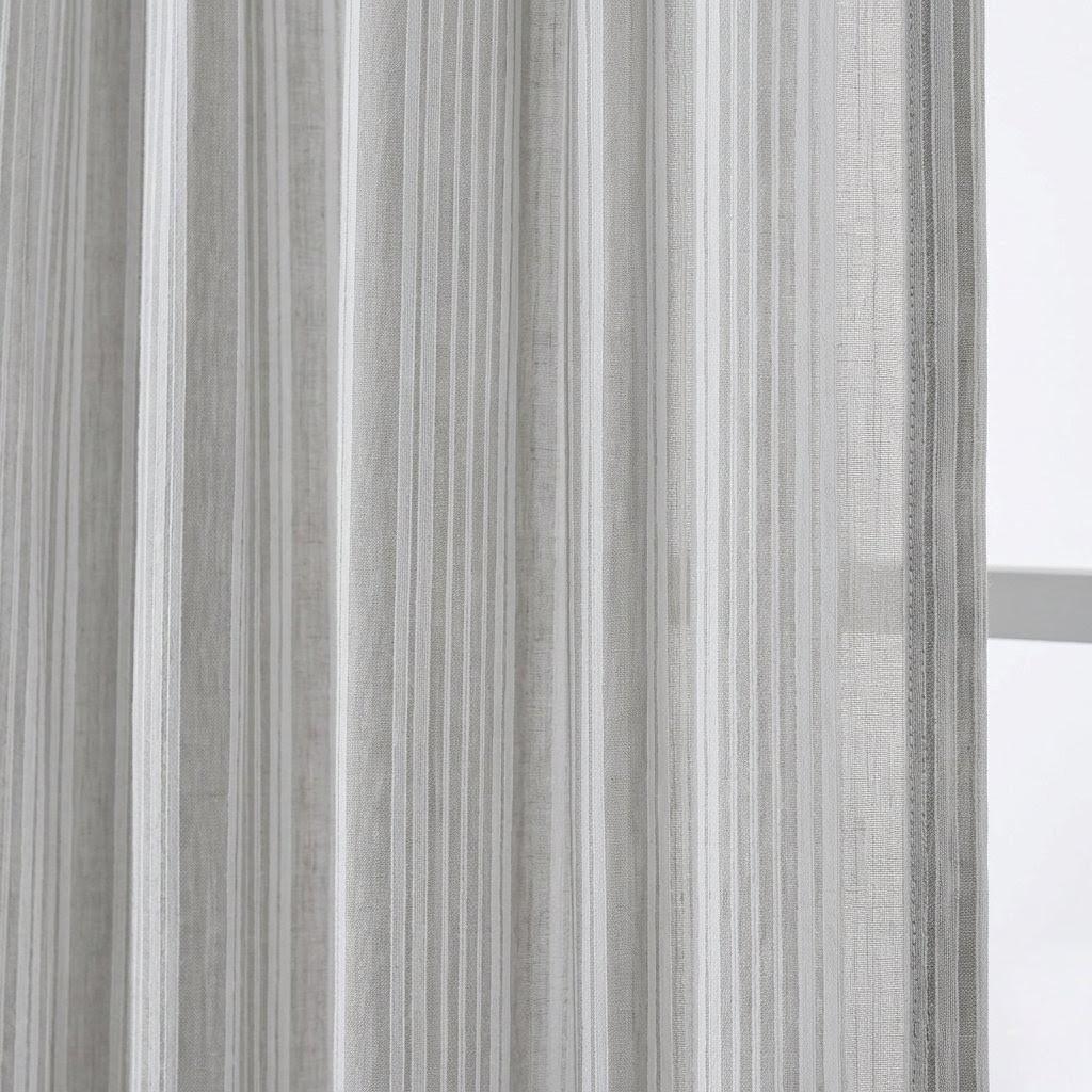 Light Grey Linen Sheer Curtains, White Embroidered Stripe Drapes, Custom Neutral Privacy Window Panels — image 8