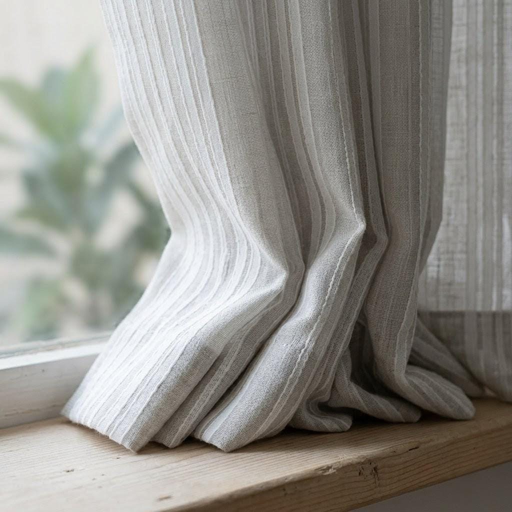 Light Grey Linen Sheer Curtains, White Embroidered Stripe Drapes, Custom Neutral Privacy Window Panels — image 10