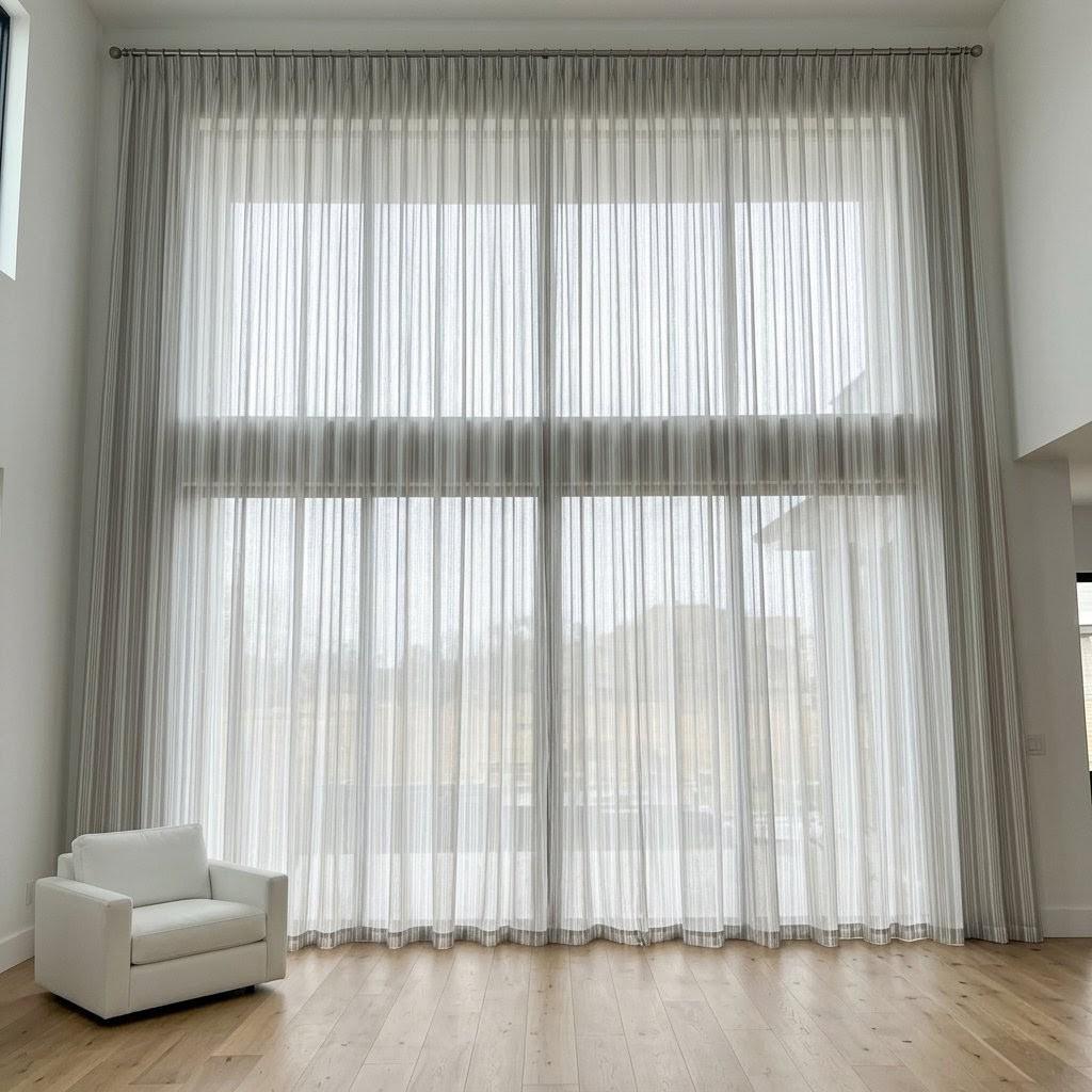 Light Grey Linen Sheer Curtains, White Embroidered Stripe Drapes, Custom Neutral Privacy Window Panels — image 9