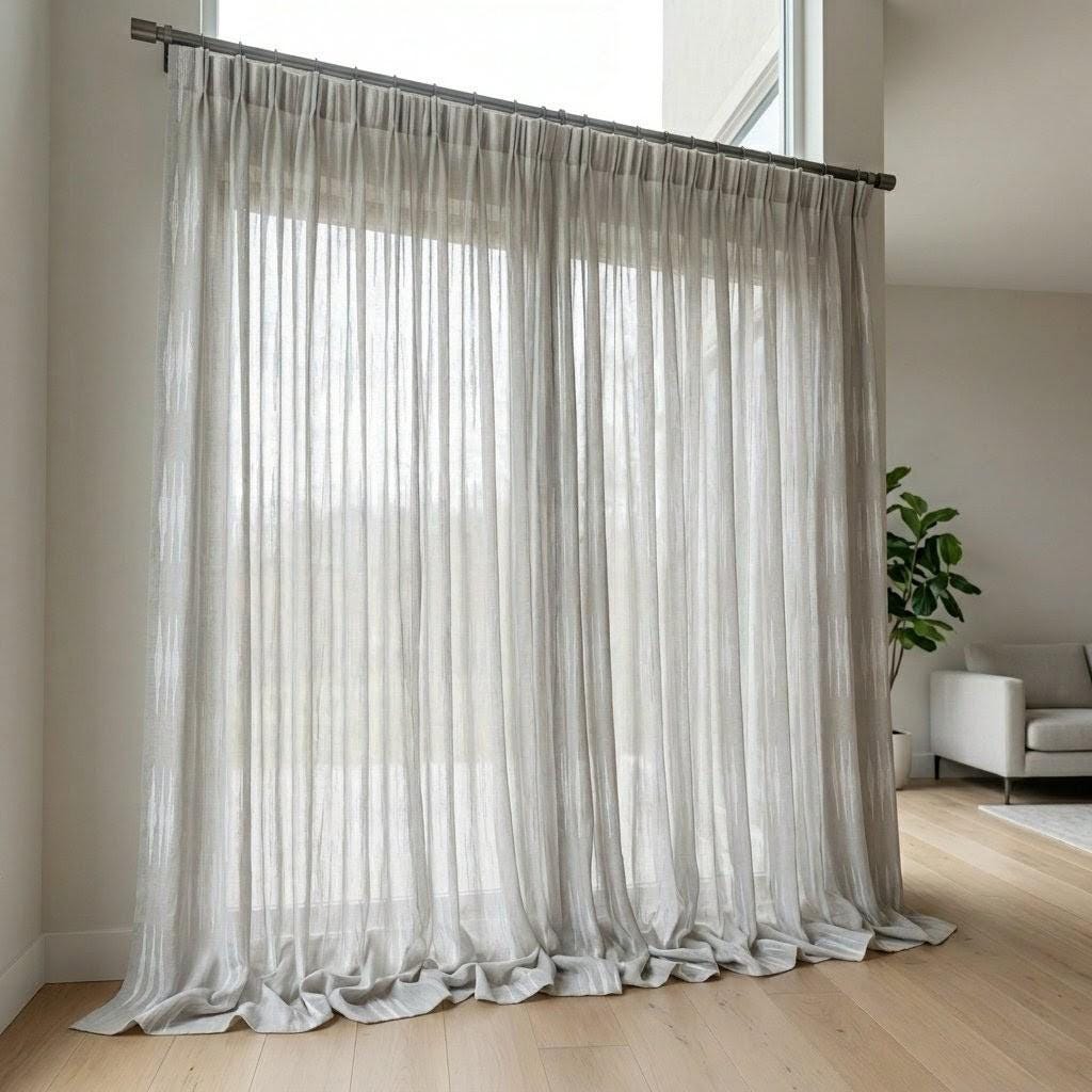 Light Grey Linen Sheer Curtains, White Embroidered Ikat Stripe Drapes, Custom Neutral Privacy Panels — image 4