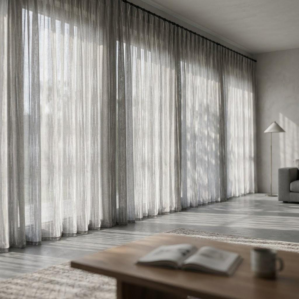 Light Grey Linen Sheer Curtains, White Embroidered Ikat Stripe Drapes, Custom Neutral Privacy Panels — image 7