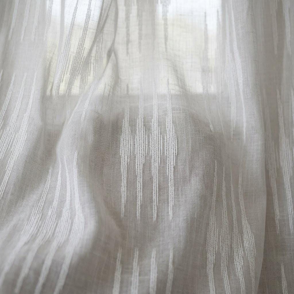 Light Grey Linen Sheer Curtains, White Embroidered Ikat Stripe Drapes, Custom Neutral Privacy Panels — image 1